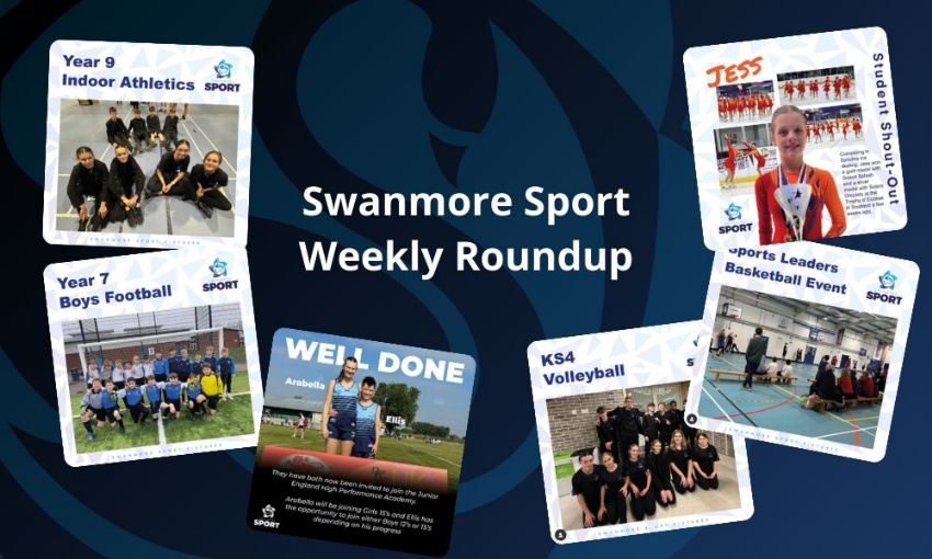 Image shows the text Swanmore Sport Weekly Roundup surrounded by 6 pictures from the article below